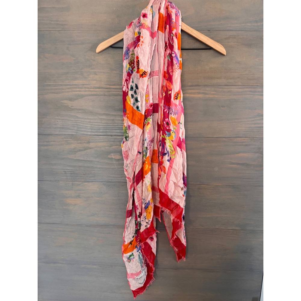 Furla Floral Print Scarf Pink Orange‎ Botanical Lightweight Fringe Wrap